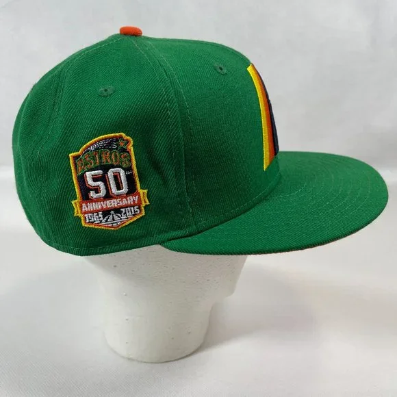 New Era 59FIFTY HOUSTON ASTROS Green Wool 50TH ANNIV. PATCH Fitted Hat 7 1/4" - Picture 2 of 5
